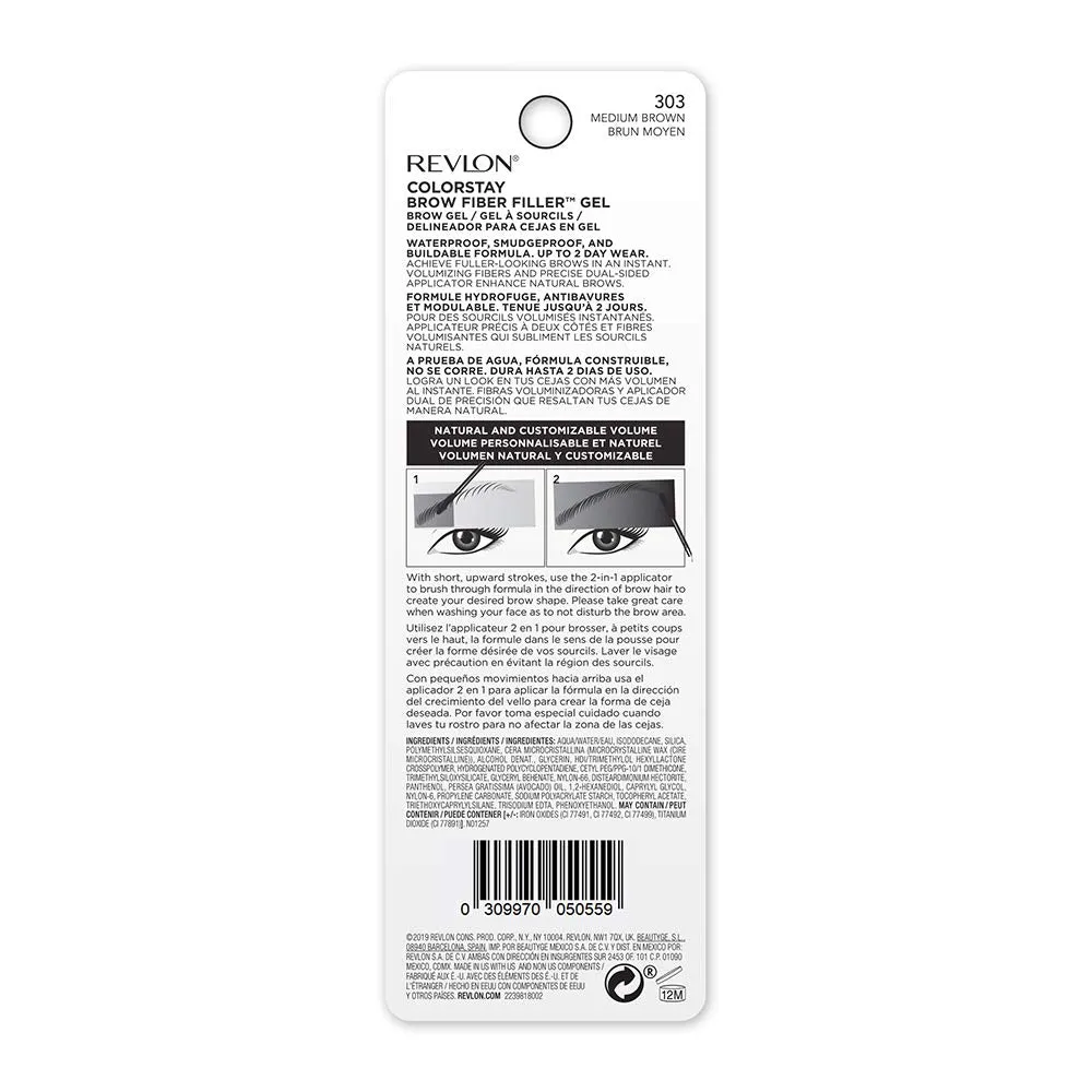 Revlon ColorStay Brow Fiber Filler, Longwearing & Volumizing Waterproof Eyebrow Gel, 303 Medium Brown, 0.23 fl. oz.
