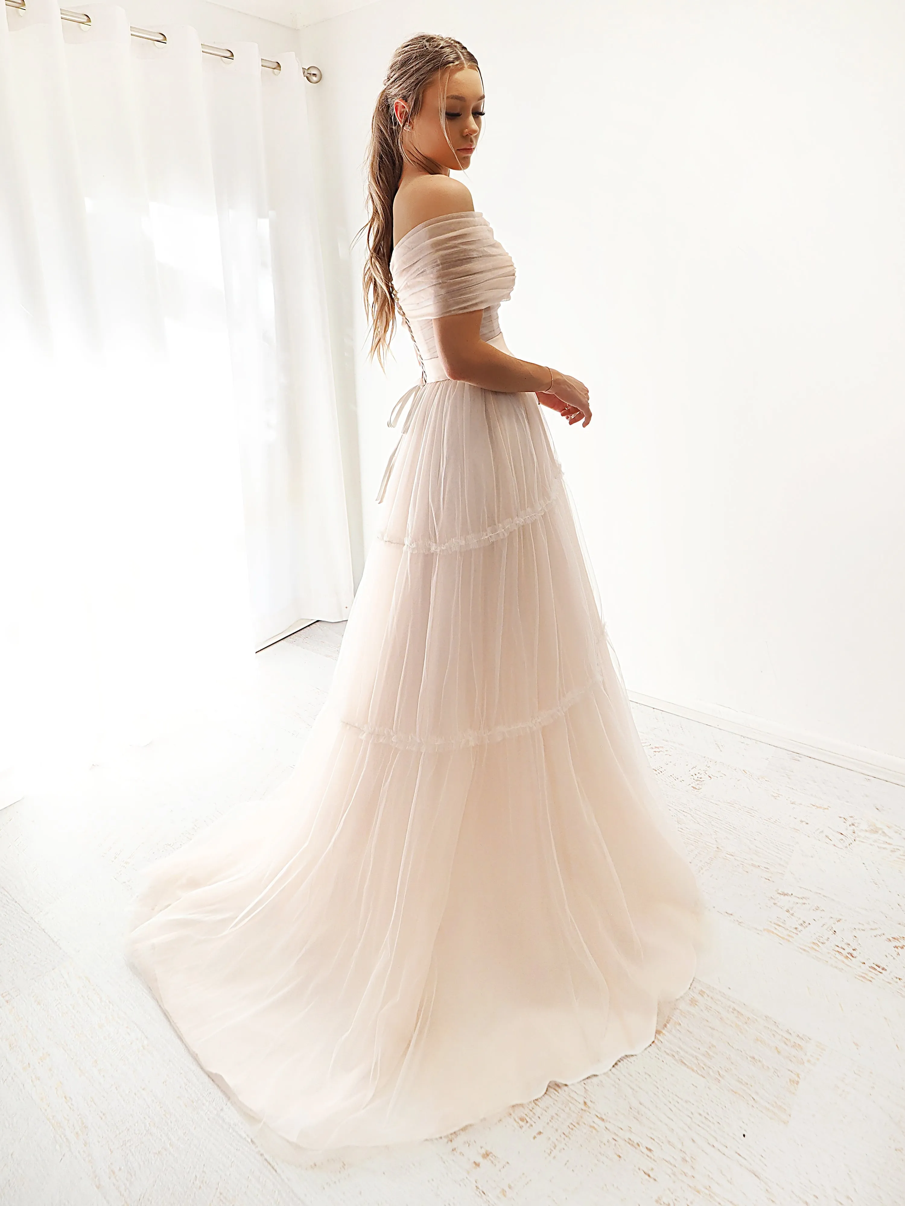 Strapless or off the shoulder 3 level blush tulle dress