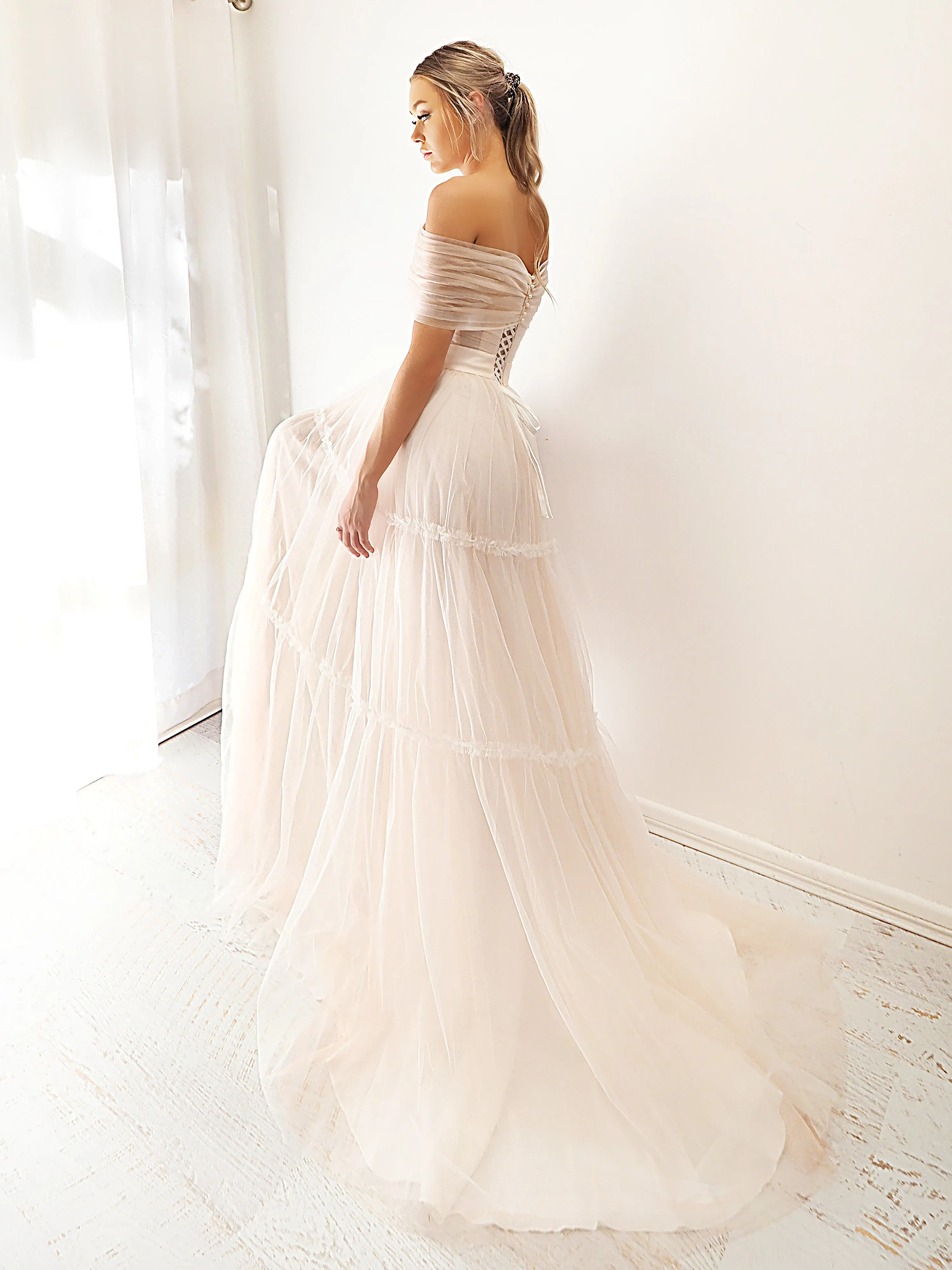 Strapless or off the shoulder 3 level blush tulle dress