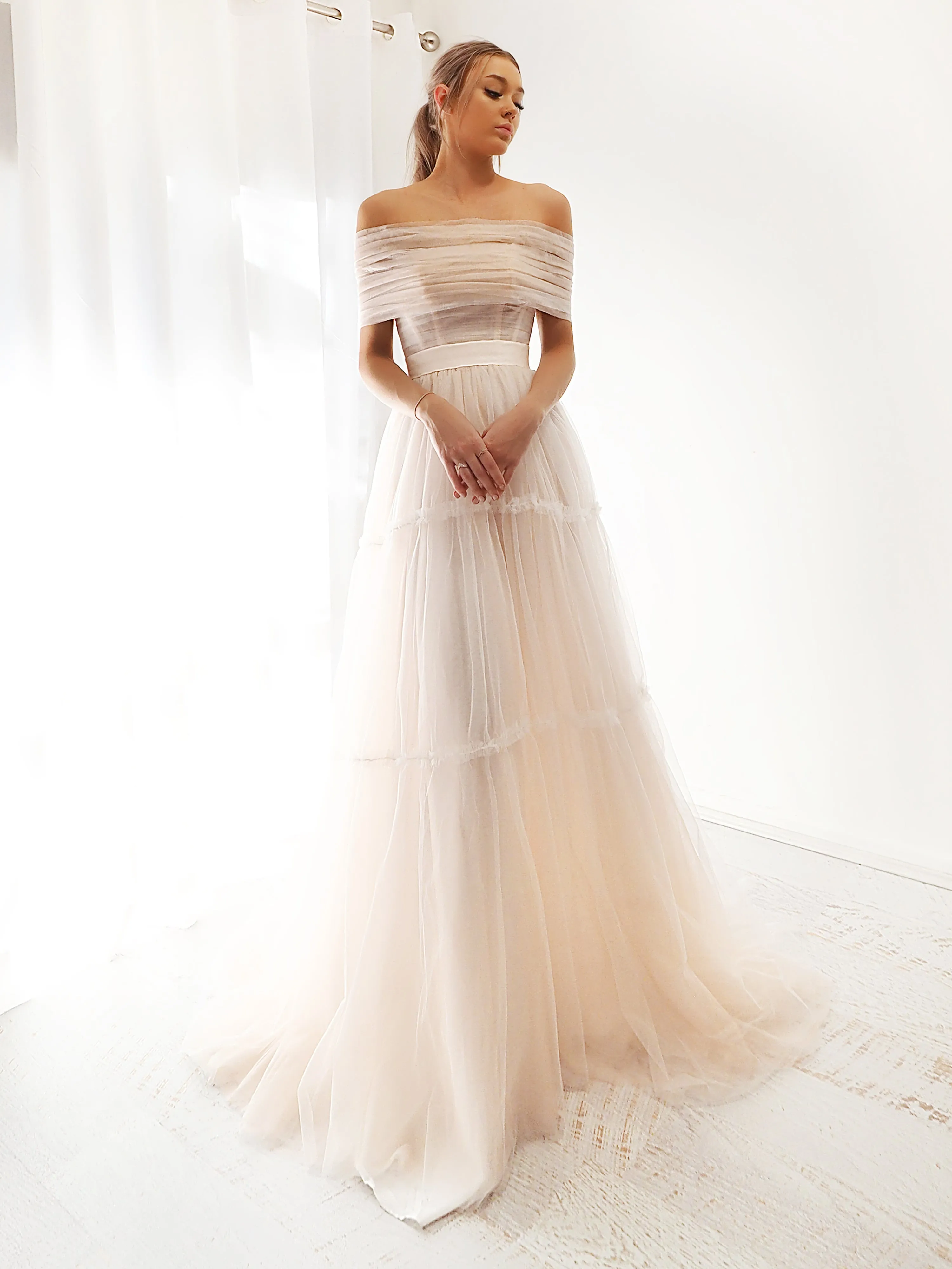 Strapless or off the shoulder 3 level blush tulle dress