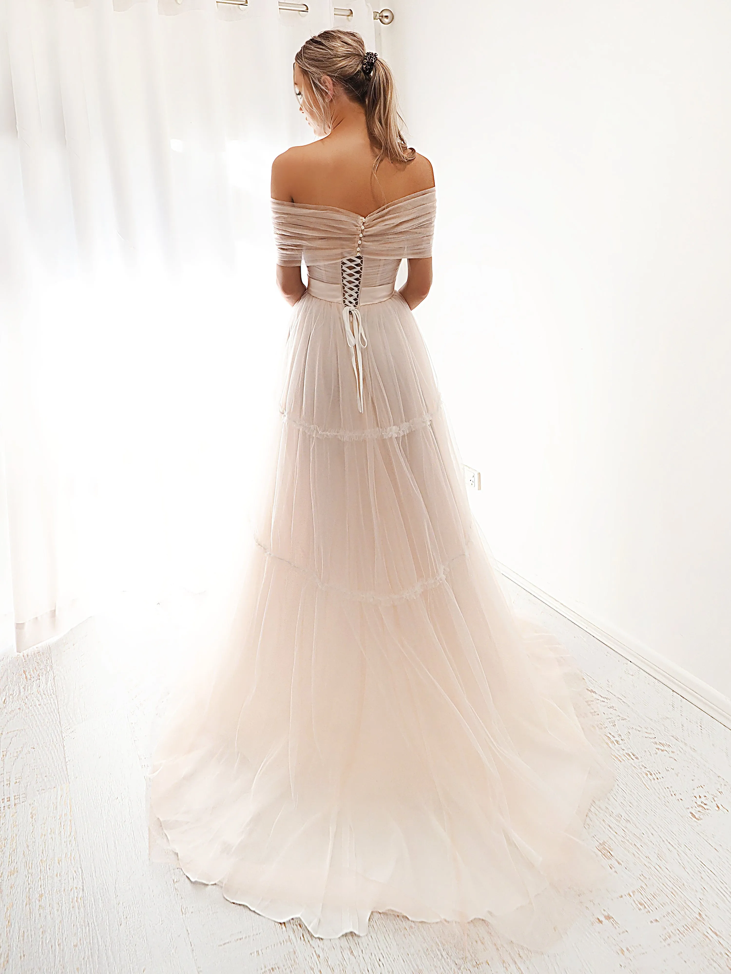 Strapless or off the shoulder 3 level blush tulle dress