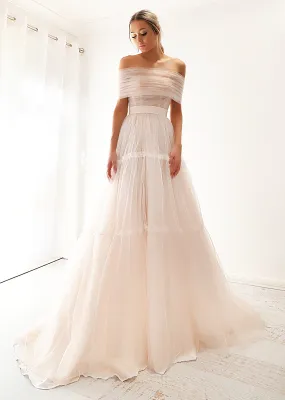 Strapless or off the shoulder 3 level blush tulle dress