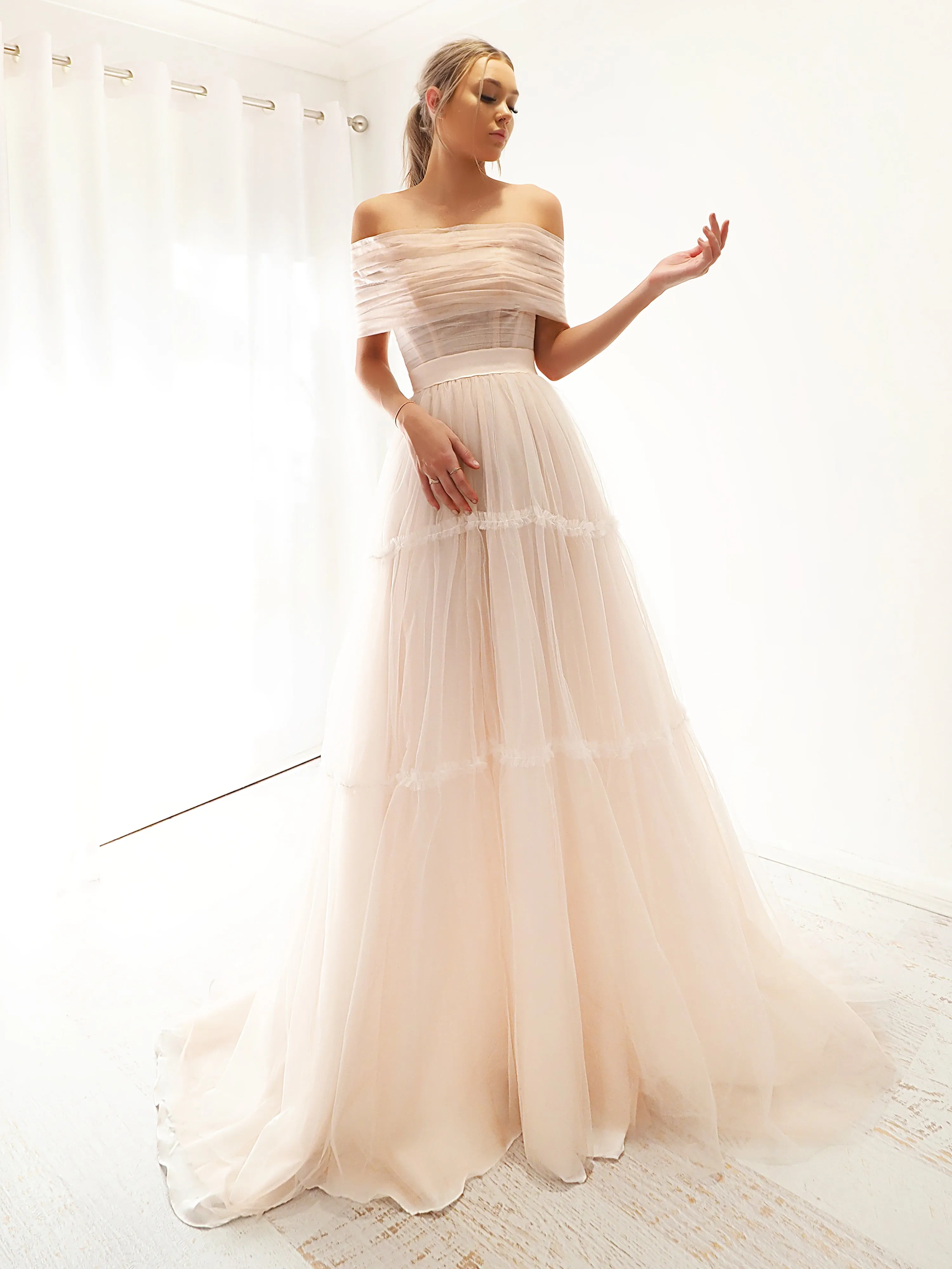 Strapless or off the shoulder 3 level blush tulle dress