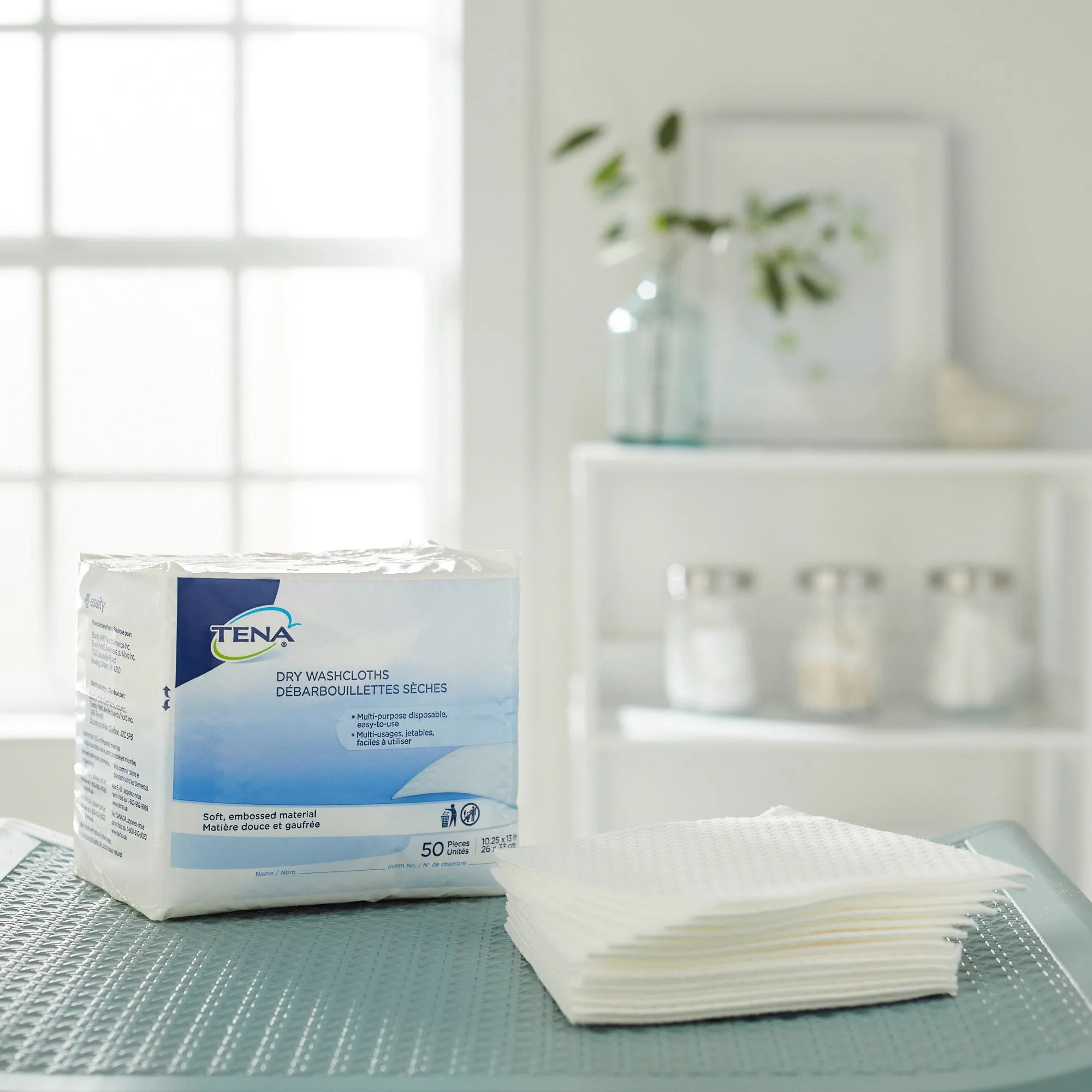 Tena Dry Washcloths, Disposable, White